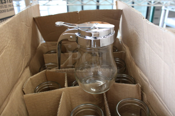 12 BRAND NEW IN BOX! Glass 6 oz Syrup Pourers w/ 12 Chrome Finish Lids. 4x3x4. 12 Times Your Bid! - Image 1 of 3