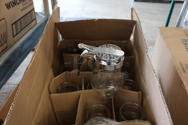 12 BRAND NEW IN BOX! Glass 6 oz Syrup Pourers w/ 12 Chrome Finish Lids. 4x3x4. 12 Times Your Bid! - Image 2 of 3