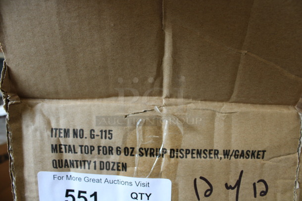 12 BRAND NEW IN BOX! Glass 6 oz Syrup Pourers w/ 12 Chrome Finish Lids. 4x3x4. 12 Times Your Bid! - Image 3 of 3