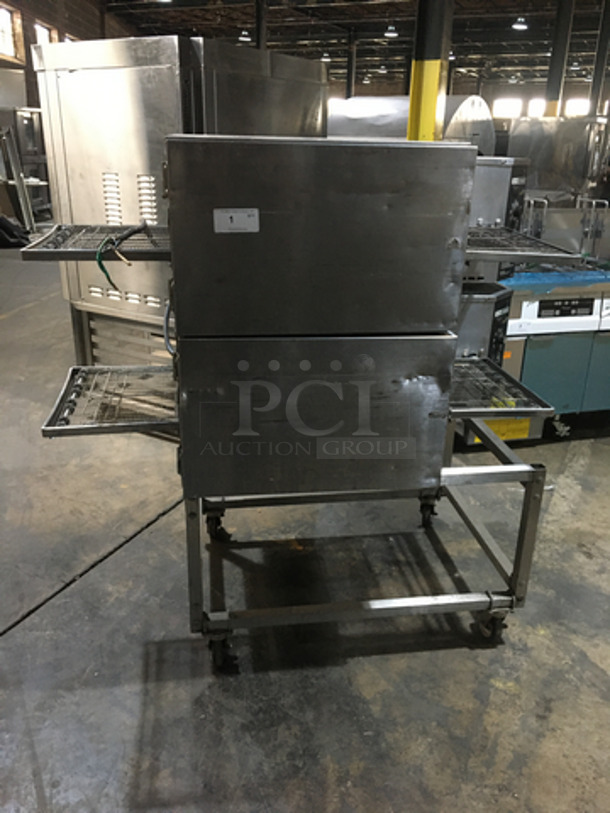 BEAUTIFUL! Lincoln Impinger Commercial Electric Powered Double Deck Conveyor Pizza Oven! All Stainless Steel! Model 11300000A Serial 2024836! 208V 1Phase! On Casters! 2 X Your Bid! Makes One Unit! Working When Removed! 