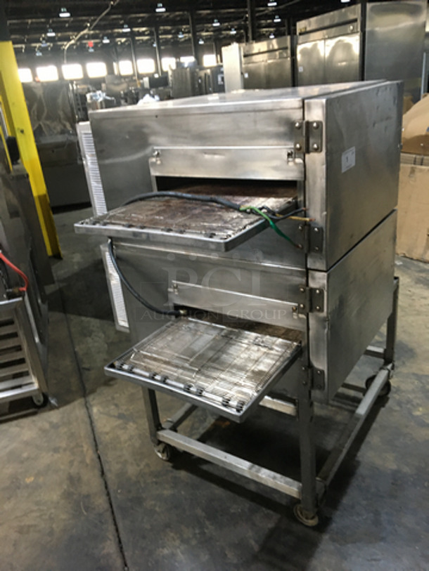 BEAUTIFUL! Lincoln Impinger Commercial Electric Powered Double Deck Conveyor Pizza Oven! All Stainless Steel! Model 11300000A Serial 2024836! 208V 1Phase! On Casters! 2 X Your Bid! Makes One Unit! Working When Removed!  - Image 2 of 10