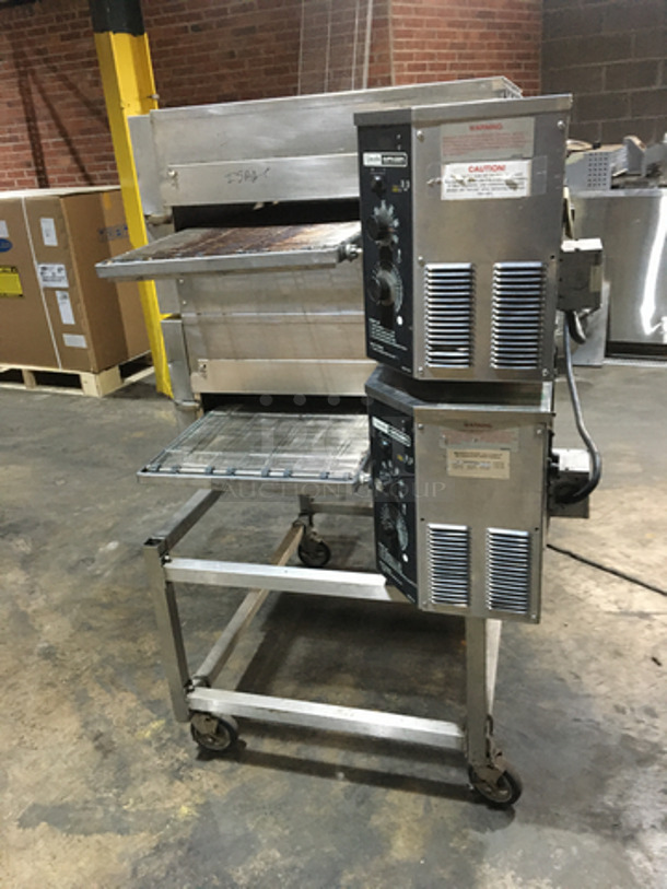 BEAUTIFUL! Lincoln Impinger Commercial Electric Powered Double Deck Conveyor Pizza Oven! All Stainless Steel! Model 11300000A Serial 2024836! 208V 1Phase! On Casters! 2 X Your Bid! Makes One Unit! Working When Removed!  - Image 3 of 10