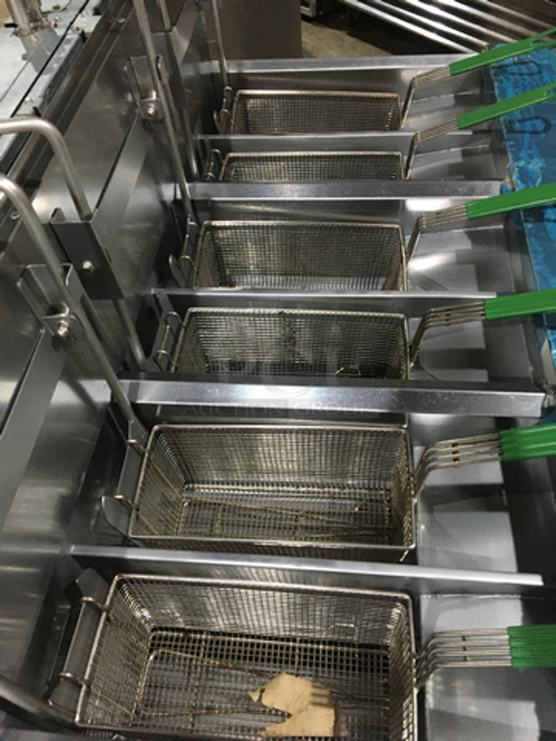 AMAZING! NEVER USED! Frymaster Commercial High Efficiency Natural Gas Powered 3 Bay Deep Fat Fryer! UNIQUE SPLIT BAY! With Dump Station! With Digital Control System! With Filter System! With Backsplash! With 6 Metal Frying Baskets! Model FMPH3556BLSD Serial 1206IJ0003! On Commercial Casters! - Image 6 of 12