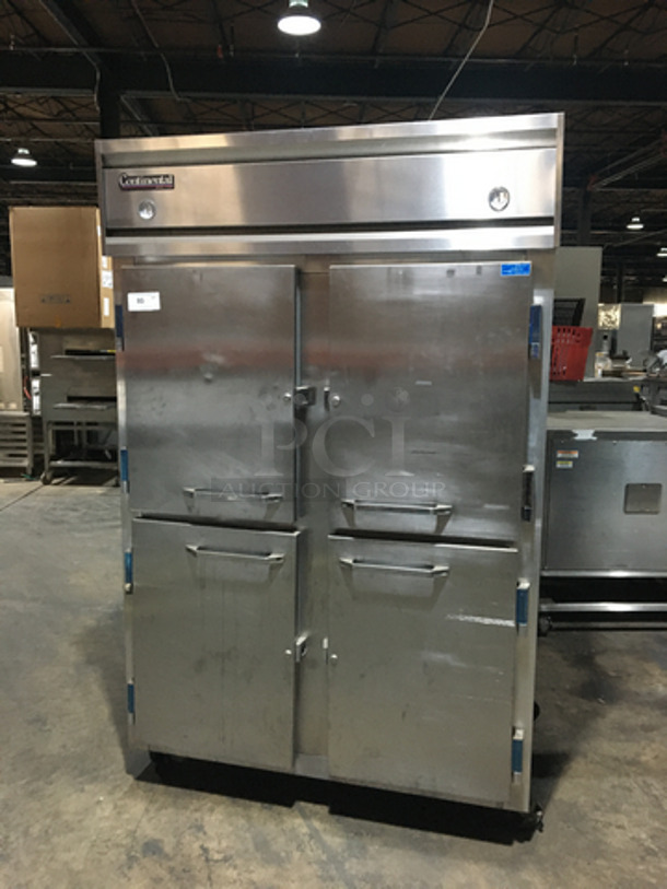 Continental Commercial 4 Split Door Reach In Cooler! Model 2RFHD Serial 14523636! Each Side Controlled Individually! 115V 1 Phase! All Stainless Steel! On Casters!