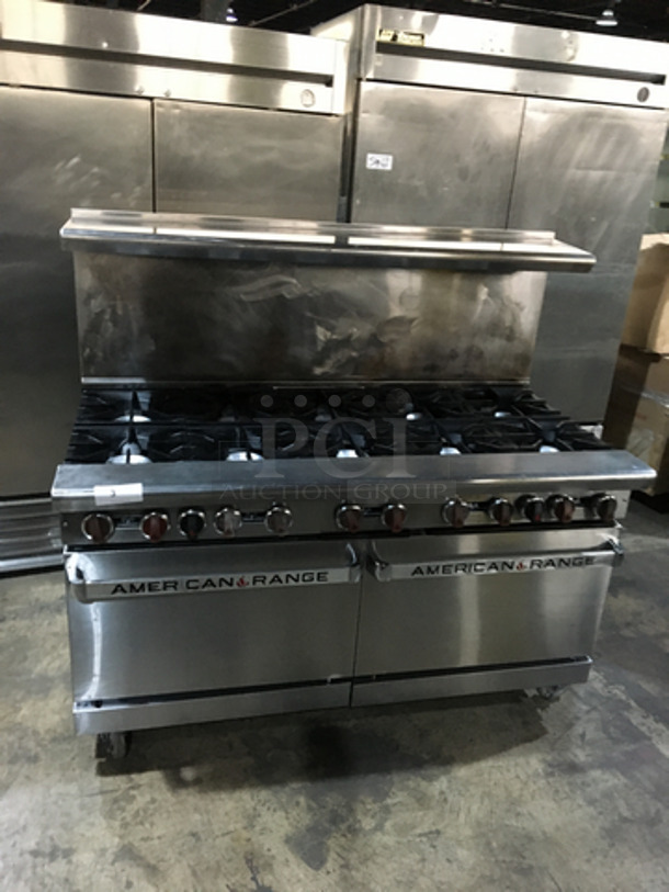 FABULOUS! American Range Commercial Natural Gas Powered 10 Burner Stove! With 2 Full Size Ovens Underneath! With Backsplash & Overhead Salamander Shelf! All Stainless Steel! On Casters! Working When Removed! 