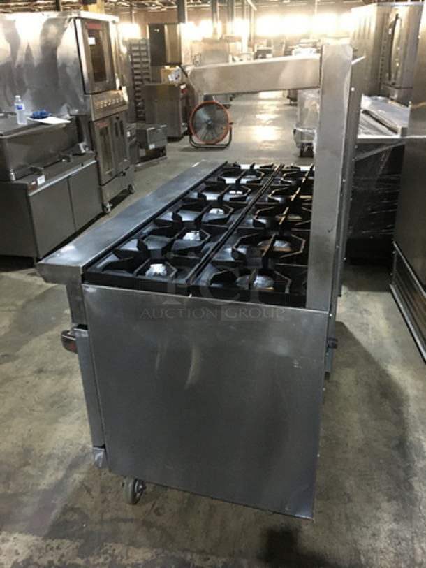 FABULOUS! American Range Commercial Natural Gas Powered 10 Burner Stove! With 2 Full Size Ovens Underneath! With Backsplash & Overhead Salamander Shelf! All Stainless Steel! On Casters! Working When Removed!  - Image 3 of 10