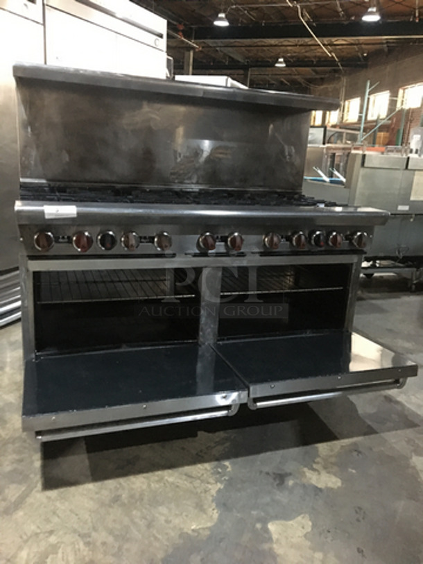 FABULOUS! American Range Commercial Natural Gas Powered 10 Burner Stove! With 2 Full Size Ovens Underneath! With Backsplash & Overhead Salamander Shelf! All Stainless Steel! On Casters! Working When Removed!  - Image 7 of 10