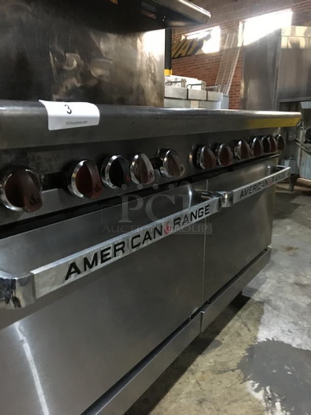 FABULOUS! American Range Commercial Natural Gas Powered 10 Burner Stove! With 2 Full Size Ovens Underneath! With Backsplash & Overhead Salamander Shelf! All Stainless Steel! On Casters! Working When Removed!  - Image 9 of 10