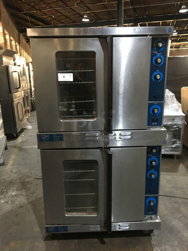 NICE! Duke Double Stacked Natural Gas Powered Heavy Duty Convection Oven! 6/13 Edition! With One View Through Door & One Solid Door! With Metal Racks! All Stainless Steel! On Casters! 2 X Your Bid! Makes One Unit! Working When Removed! 