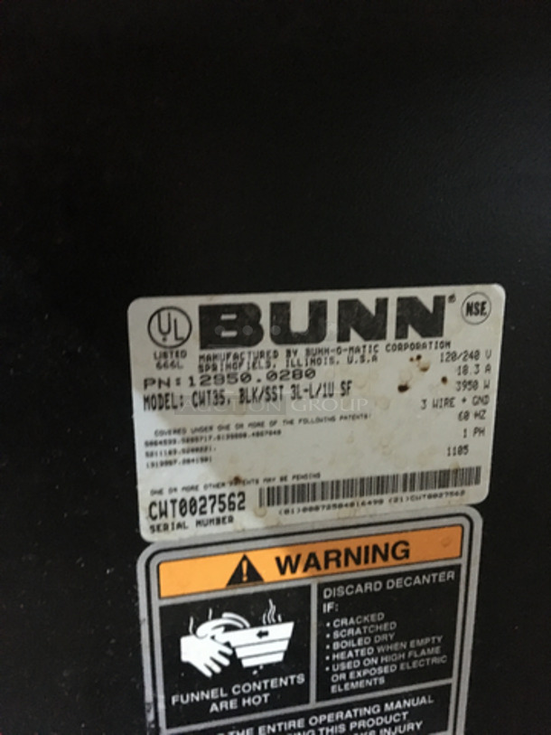 Bunn Commercial Countertop Coffee Brewing Machine! With 4 Coffee Pot Warming Stations! All Stainless Steel! Model CWT35 Serial CWT0027562! 120/240V 1Phase!   - Image 8 of 8