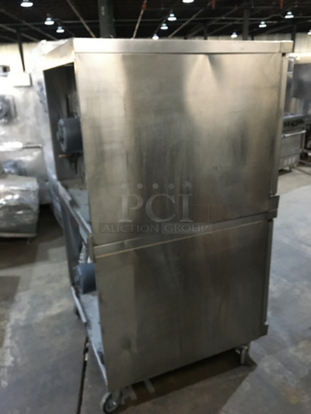 NICE! Duke Double Stacked Natural Gas Powered Heavy Duty Convection Oven! 6/13 Edition! With One View Through Door & One Solid Door! With Metal Racks! All Stainless Steel! On Casters! 2 X Your Bid! Makes One Unit! Working When Removed!  - Image 4 of 9