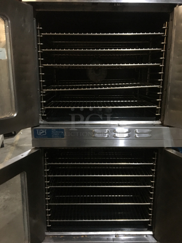 NICE! Duke Double Stacked Natural Gas Powered Heavy Duty Convection Oven! 6/13 Edition! With One View Through Door & One Solid Door! With Metal Racks! All Stainless Steel! On Casters! 2 X Your Bid! Makes One Unit! Working When Removed!  - Image 5 of 9