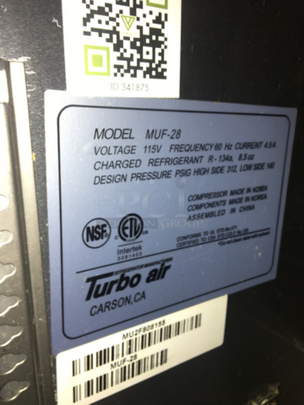 Turbo Air Commercial Single Door Lowboy/Worktop Freezer! All Stainless Steel! Model MUF28 Serial MU2F808155! 115V! - Image 6 of 7