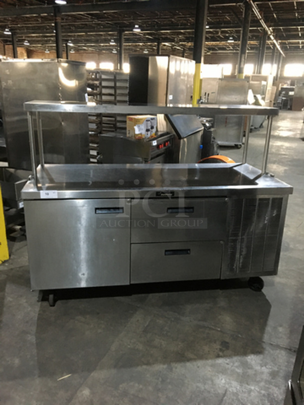 NICE! Delfield Commercial Refrigerated Work/Prep Table! With 2 Drawers Underneath! With Single Door Storage Space! With Overhead Shelf! On Casters!
