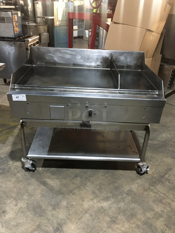 Woodstone Commercial Natural Gas Powered 48 Inch Flat Griddle! With Split Top! With Back & Side Splashes! With Underneath Storage Space! All Stainless Steel Equipment Stand! On Commercial Casters!