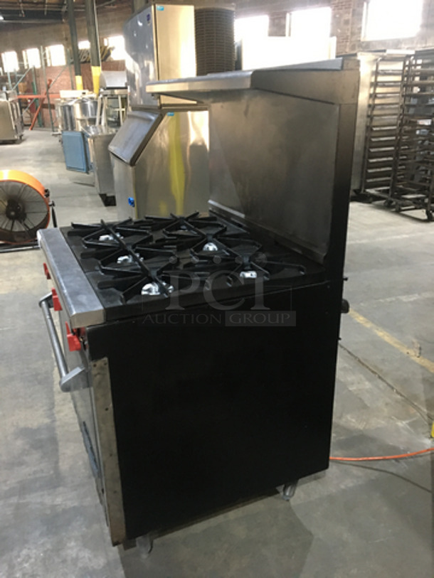 Montague Commercial Natural Gas Powered 6 Burner Stove! With Full Size Oven Underneath! With Backsplash & Overhead Salamander Shelf! All Stainless Steel! On Legs! - Image 2 of 10