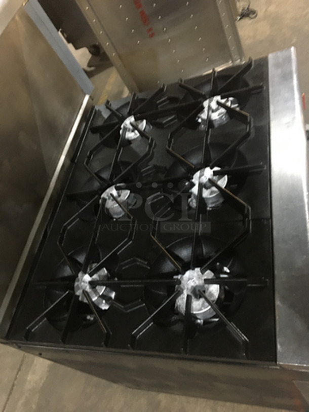 Montague Commercial Natural Gas Powered 6 Burner Stove! With Full Size Oven Underneath! With Backsplash & Overhead Salamander Shelf! All Stainless Steel! On Legs! - Image 5 of 10