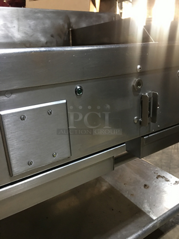 Woodstone Commercial Natural Gas Powered 48 Inch Flat Griddle! With Split Top! With Back & Side Splashes! With Underneath Storage Space! All Stainless Steel Equipment Stand! On Commercial Casters! - Image 7 of 10