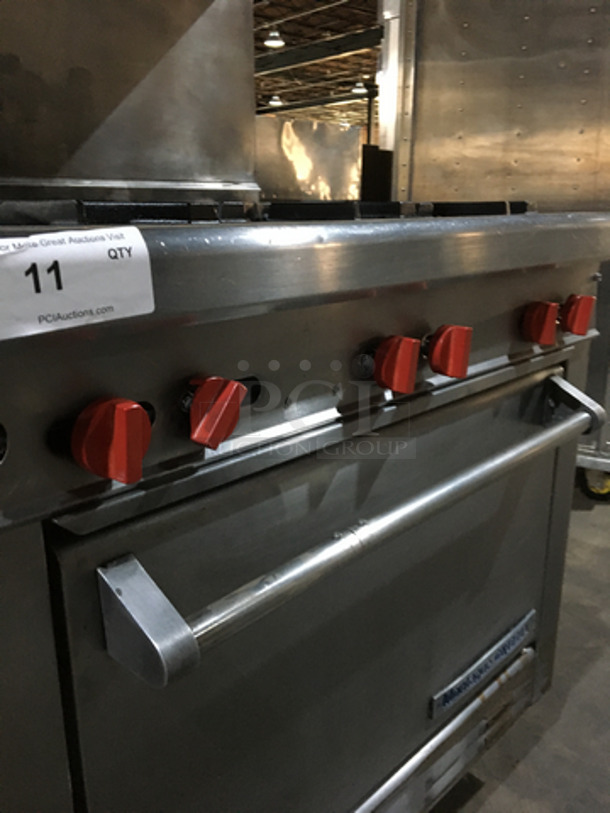 Montague Commercial Natural Gas Powered 6 Burner Stove! With Full Size Oven Underneath! With Backsplash & Overhead Salamander Shelf! All Stainless Steel! On Legs! - Image 9 of 10