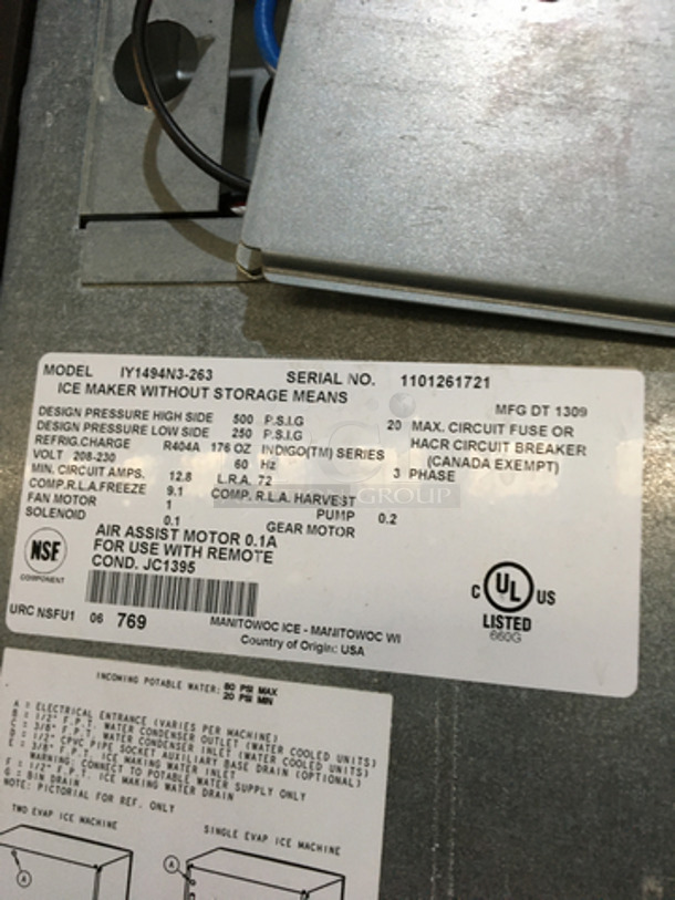 WOW! Manitowoc Commercial Ice Making Machine! On Ice Bin! All Stainless Steel! Model IY149N3263 Serial 1101261721! 208/230V 3Phase! On Legs! 2 X Your Bid! Makes One Unit! - Image 8 of 10
