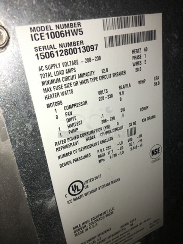 Ice-O-Matic Commercial Ice Making Machine Head! All Stainless Steel! Model ICE1006HW5 Serial 15061280013097! 208/230V 1Phase! - Image 5 of 6