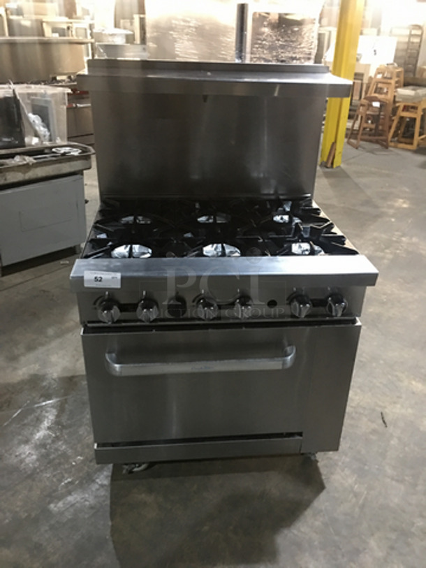 FANTASTIC! Cook Rite Commercial Natural Gas Powered 6 Burner Stove! With Full Size Oven Underneath! With Backsplash & Overhead Salamander Shelf! All Stainless Steel! On Casters!