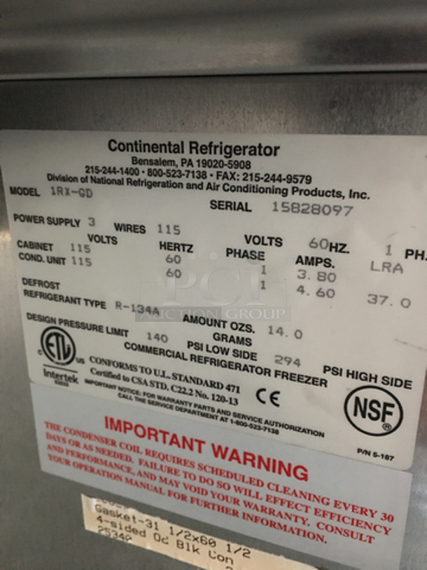 Continental Commercial Single Door Reach In Cooler Merchandiser! With Poly Coated Racks! All Stainless Steel! Model 1RXGD Serial 15828097! 115V 1Phase! - Image 7 of 9