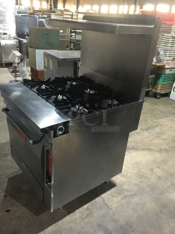 Sweet! Vulcan Natural Gas Powered Heavy Duty Commercial 6 Burner Stove With Full Size Oven Underneath! With Raised Back Splash & Salamander Shelf! On Legs! - Image 2 of 11