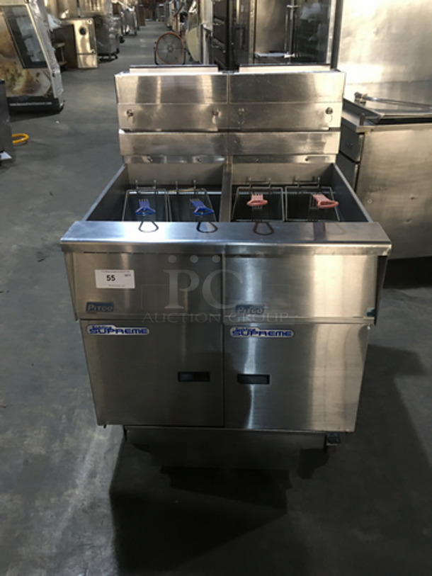 Pitco Frialator Commercial Natural Gas Powered Dual Bay Deep Fat Fryer! With Oil Filter System! With 4 Metal Frying Baskets! With Backsplash! All Stainless Steel! Model SSH55 Serial G10DD013458! On Commercial Casters! - Image 1 of 11