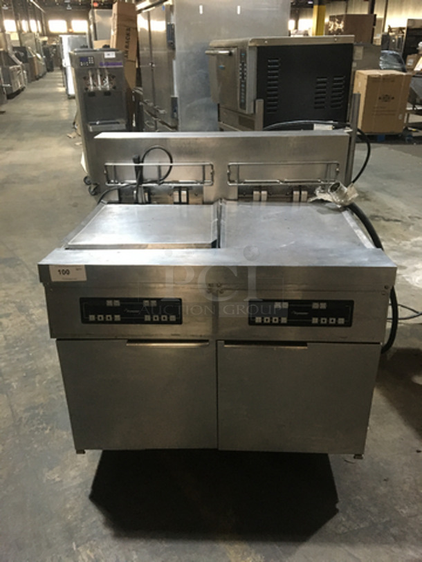 Frymaster Commercial Electric Powered Dual Bay Deep Fat Fryer! With Backsplash! All Stainless Steel! Model FPH21721SC Serial 0702VH0004! 480V 3Phase! On Casters!