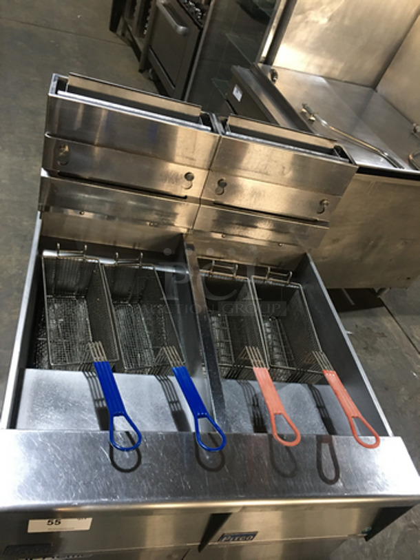 Pitco Frialator Commercial Natural Gas Powered Dual Bay Deep Fat Fryer! With Oil Filter System! With 4 Metal Frying Baskets! With Backsplash! All Stainless Steel! Model SSH55 Serial G10DD013458! On Commercial Casters! - Image 5 of 11