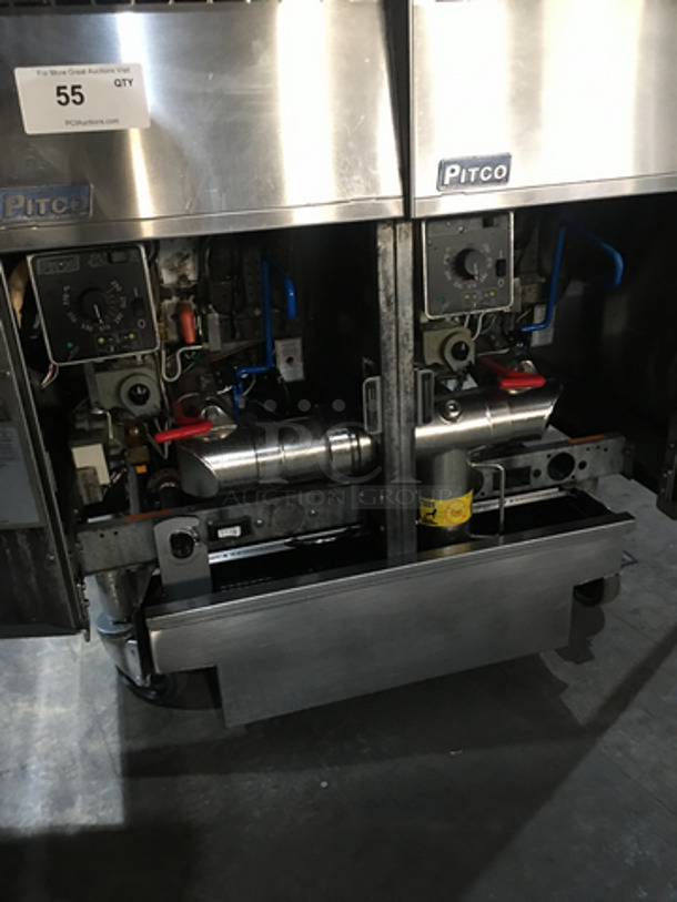 Pitco Frialator Commercial Natural Gas Powered Dual Bay Deep Fat Fryer! With Oil Filter System! With 4 Metal Frying Baskets! With Backsplash! All Stainless Steel! Model SSH55 Serial G10DD013458! On Commercial Casters! - Image 8 of 11