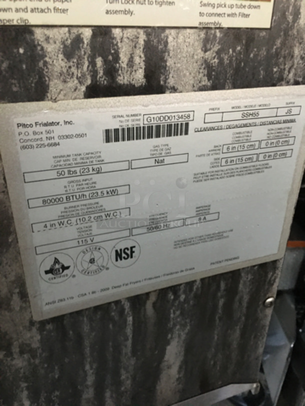Pitco Frialator Commercial Natural Gas Powered Dual Bay Deep Fat Fryer! With Oil Filter System! With 4 Metal Frying Baskets! With Backsplash! All Stainless Steel! Model SSH55 Serial G10DD013458! On Commercial Casters! - Image 10 of 11