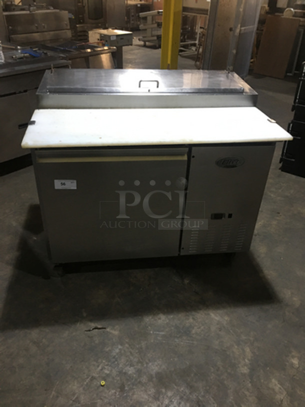 Nice! Entrée Commercial Refrigerated Pizza Prep Table! With Single Door Underneath Storage Space! With Commercial Cutting Board! All Stainless Steel! Model P47 Serial 1111CONH03010! 115V 1Phase! On Commercial Casters! - Image 1 of 11