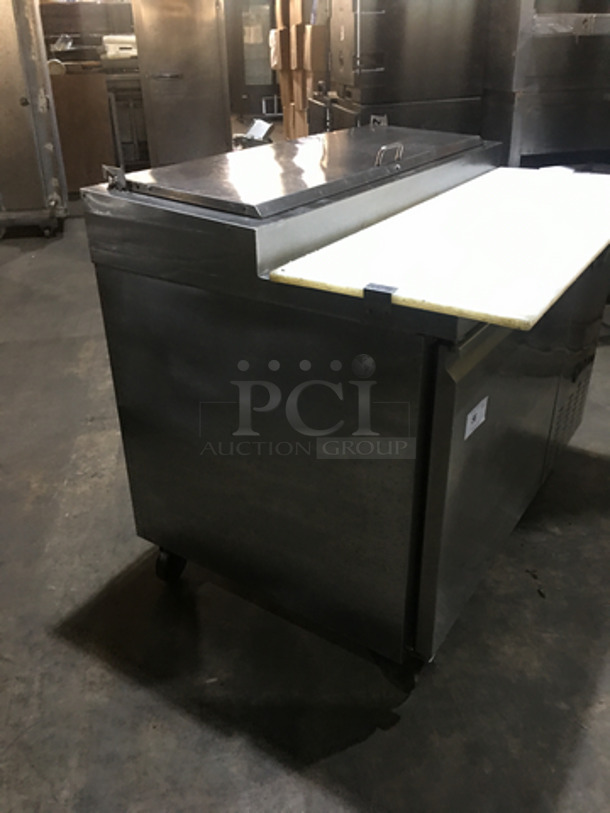 Nice! Entrée Commercial Refrigerated Pizza Prep Table! With Single Door Underneath Storage Space! With Commercial Cutting Board! All Stainless Steel! Model P47 Serial 1111CONH03010! 115V 1Phase! On Commercial Casters! - Image 2 of 11