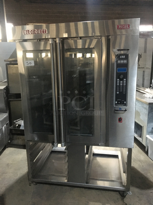 GORGEOUS! Blodgett Commercial Natural Gas Powered Mini Rack Rotating Convection Oven! With View Through Doors! With Pan Rack Underneath! All Stainless Steel! Model XR8XCEL! On Casters! Working When Removed! 