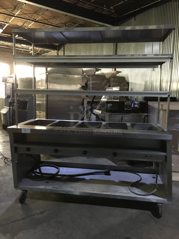 All Stainless Steel Commercial 5 Well Steam Table! With Double Overhead Serving Shelf! With Ticket Holder Rail! With Underneath Storage Space! On Casters!