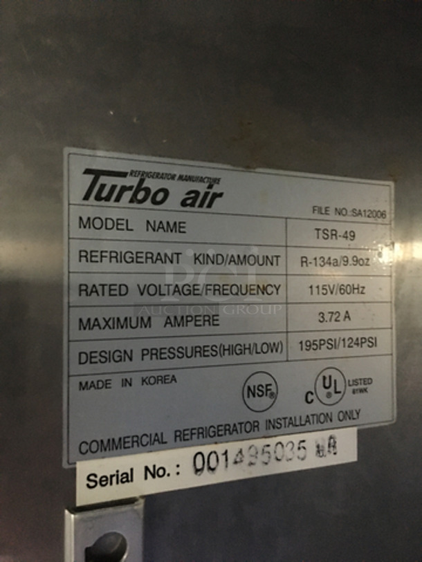 GORGEOUS! Late Model!  Turbo Air Commercial 2 Door Reach In Cooler! With Poly Coated Racks! All Stainless Steel! TSR49 Serial 001485035! 115V! On Casters! Tested & Working! - Image 8 of 10