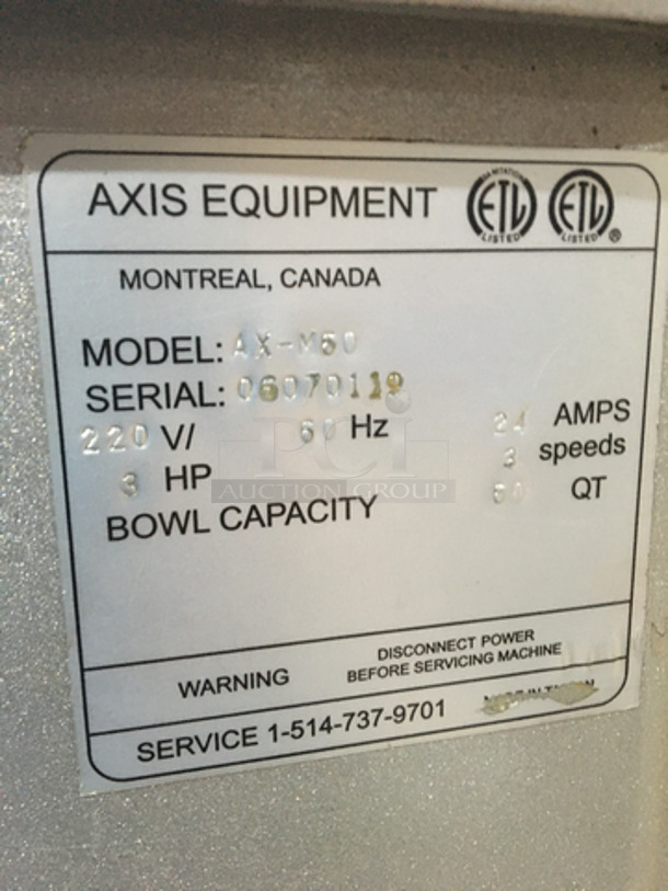 Axis Commercial Planetary Floor Style 60 Quart Mixer! With Bowl & Bowl Guard! With Dough Hook Attachment! Model AXM60 Serial 06070119! 220V! Working When Removed!  - Image 11 of 12