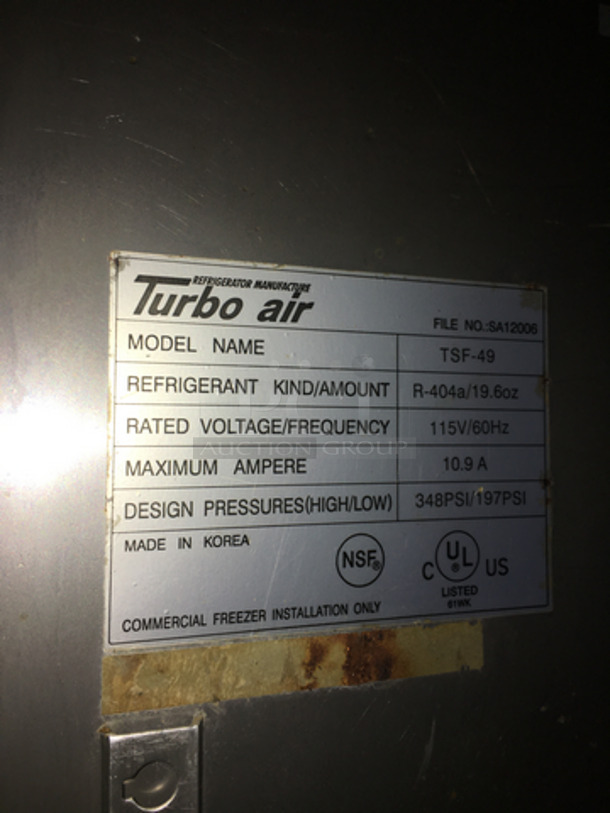 FANTASTIC! Late Model! Turbo Air Commercial 2 Door Reach In Freezer! With Poly Coated Racks! All Stainless Steel! TSF49! 115V! On Casters! Tested & Working!  - Image 8 of 10
