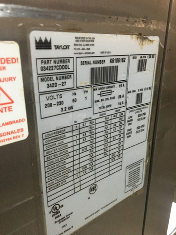 Taylor Commercial Floor Style 2 Flavor Frosty/Coolatta/Slushie Making Machine! With Milkshake Mixing Attachment! All Stainless Steel! Model 342D27 Serial K6106162! 208/230V 1Phase! On Commercial Casters! - Image 10 of 11
