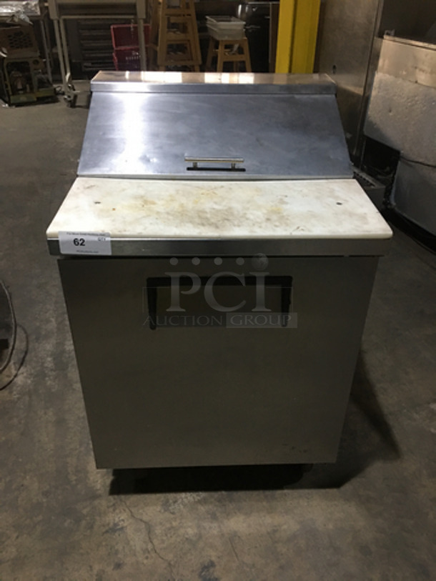 True Commercial Refrigerated Sandwich Prep Table! With Underneath Storage Space! All Stainless Steel! With Commercial Cutting Board! Model TSSU2708 Serial 6927796! 115V 1Phase! On Casters!