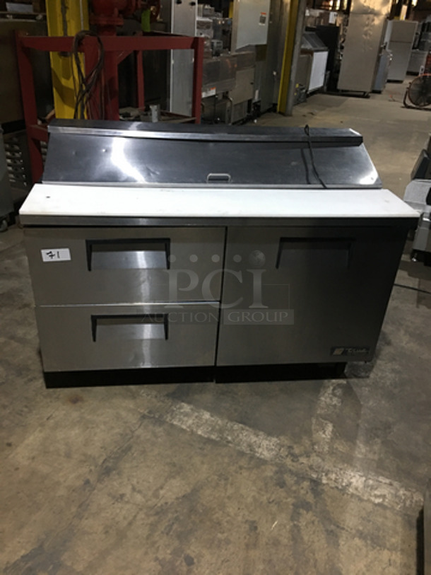 True Stainless Steel Refrigerated Sandwich Prep Table! With Underneath Storage Space! With 2 Drawers! With Poly Coated Rack! With Commercial Cutting Board! Model TSSU6016D2 Serial 8411708! 115V 1Phase! On Casters!