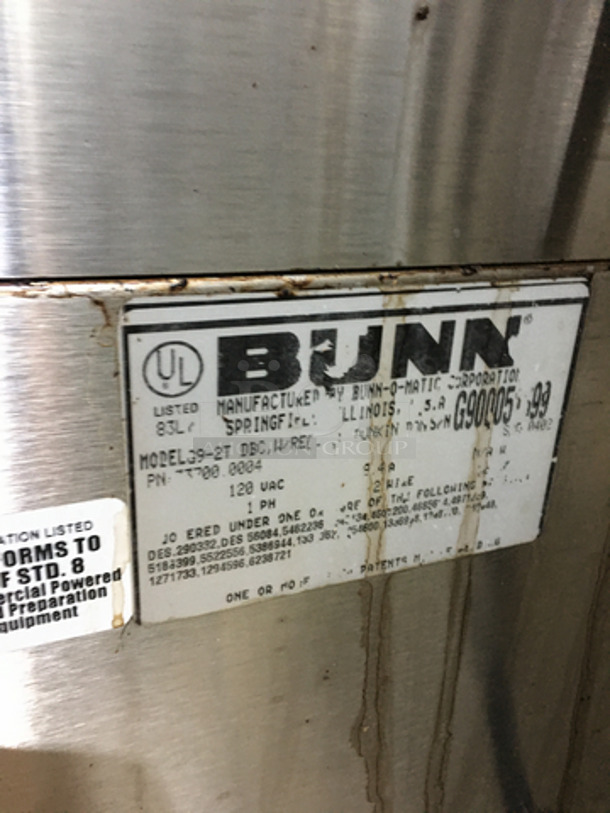 Bunn Commercial Countertop Coffee Bean Grinder! All Stainless Steel! Model G92TDBC Serial G9000599! 120V 1Phase! - Image 8 of 9