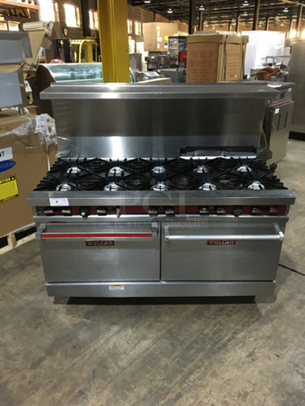 BEAUTIFUL! Vulcan Commercial Natural Gas Powered 10 Burner Stove! With Backsplash & Overhead Salamander Shelf! With 2 Full Size Ovens Underneath! On Commercial Casters!