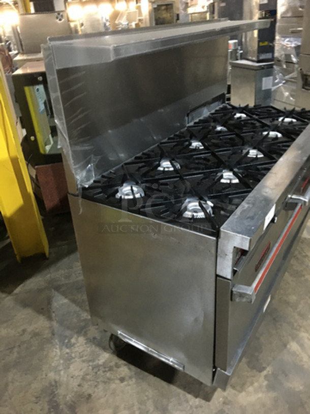 BEAUTIFUL! Vulcan Commercial Natural Gas Powered 10 Burner Stove! With Backsplash & Overhead Salamander Shelf! With 2 Full Size Ovens Underneath! On Commercial Casters! - Image 2 of 11