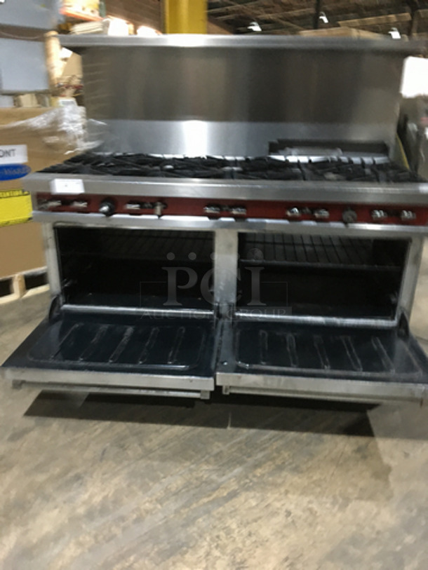 BEAUTIFUL! Vulcan Commercial Natural Gas Powered 10 Burner Stove! With Backsplash & Overhead Salamander Shelf! With 2 Full Size Ovens Underneath! On Commercial Casters! - Image 7 of 11