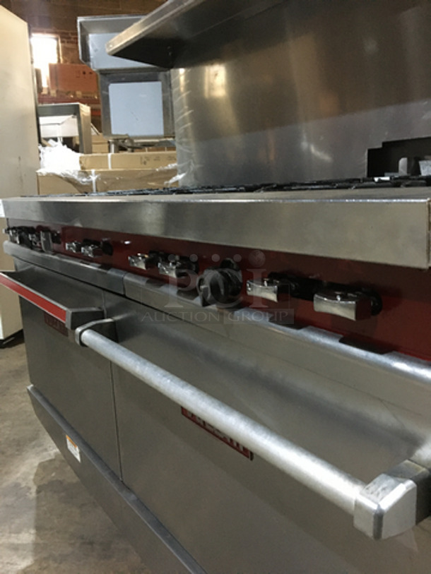 BEAUTIFUL! Vulcan Commercial Natural Gas Powered 10 Burner Stove! With Backsplash & Overhead Salamander Shelf! With 2 Full Size Ovens Underneath! On Commercial Casters! - Image 9 of 11