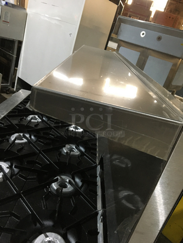 BEAUTIFUL! Vulcan Commercial Natural Gas Powered 10 Burner Stove! With Backsplash & Overhead Salamander Shelf! With 2 Full Size Ovens Underneath! On Commercial Casters! - Image 10 of 11