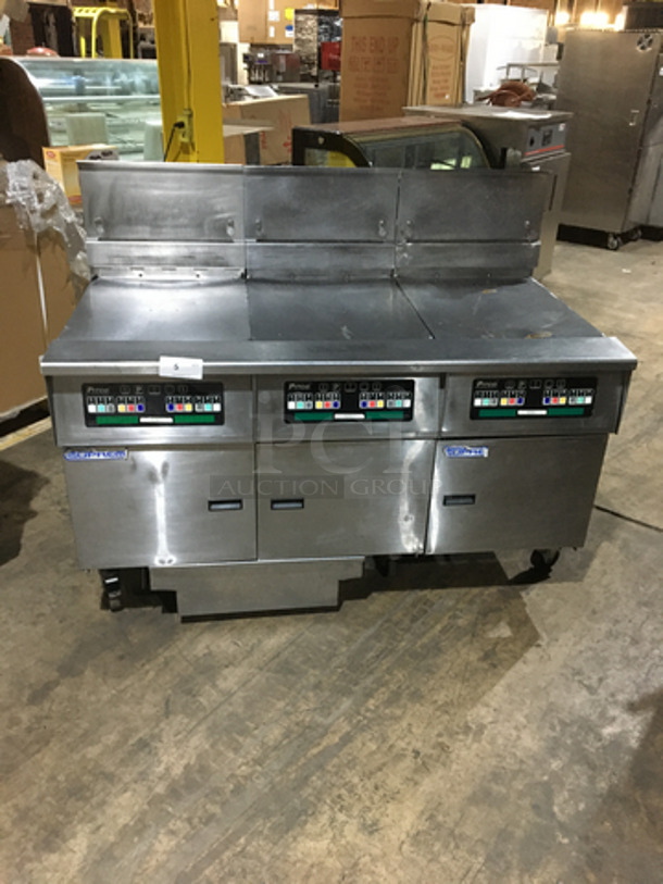Pitco Frialator Commercial Natural Gas Powered 3 Bay Deep Fat Fryer! With Backsplash! All Stainless Steel! With Oil Filter System! Model SSH60W Serial G13AB063693! 115V! On Commercial Casters!